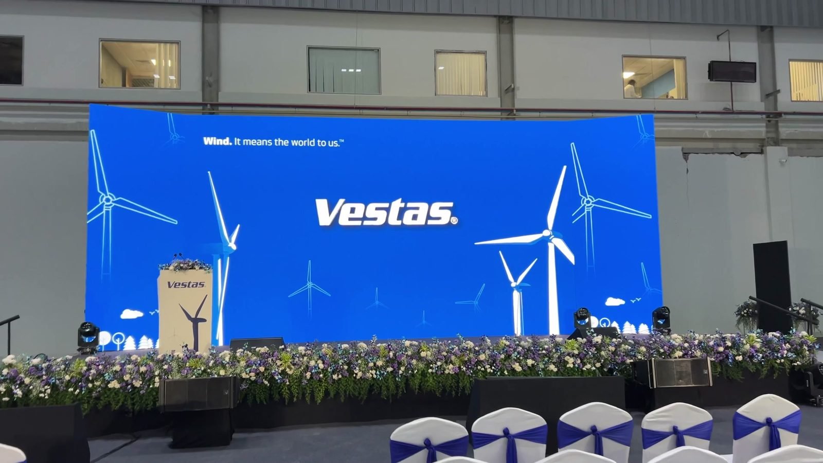 The Vestas townhall stage with its LED wall of turbines